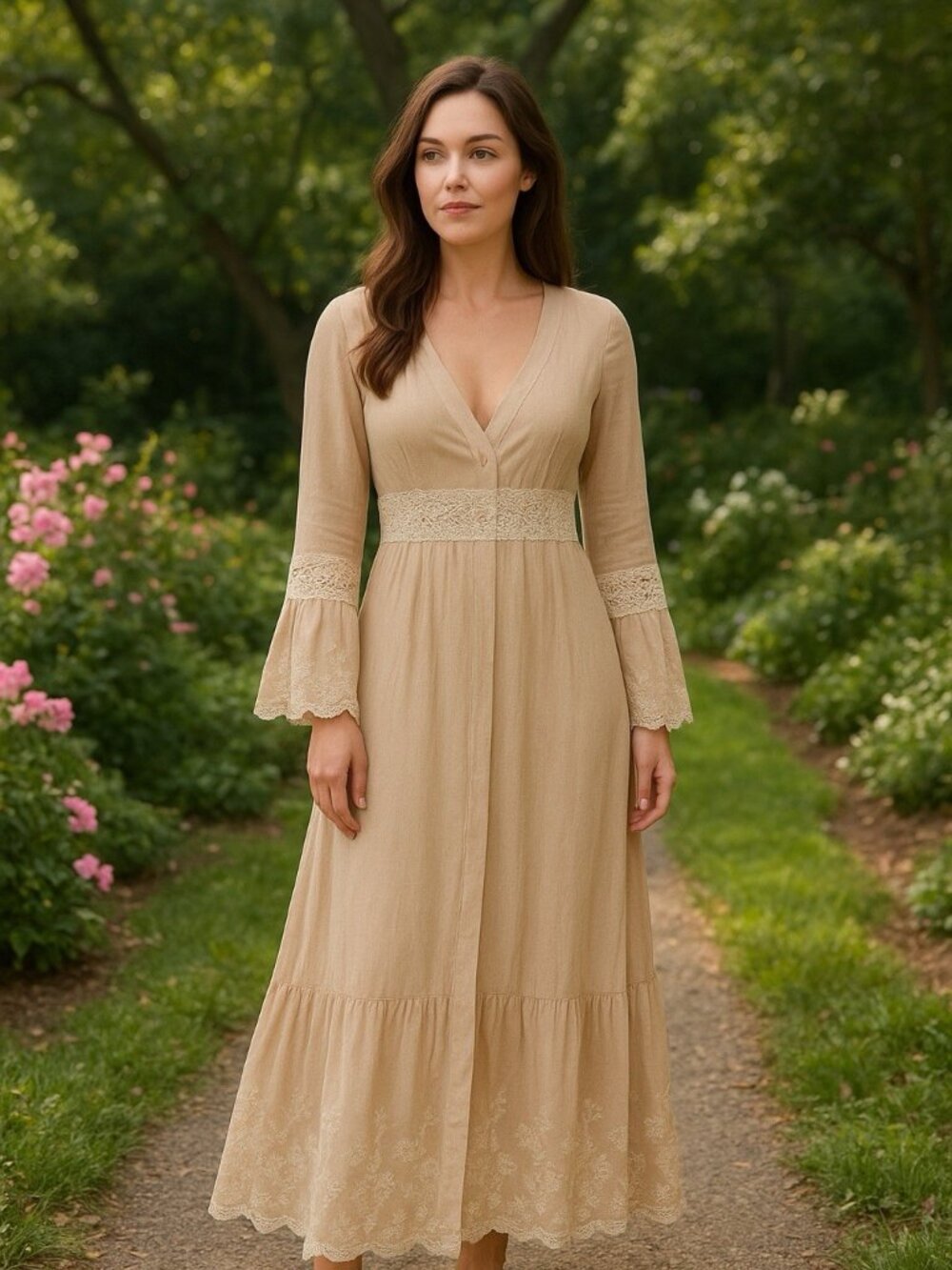 VENUS Duster Dress 10 Beige Embroidered Kimono Bell Sleeve Whimsy Romantic Fairy